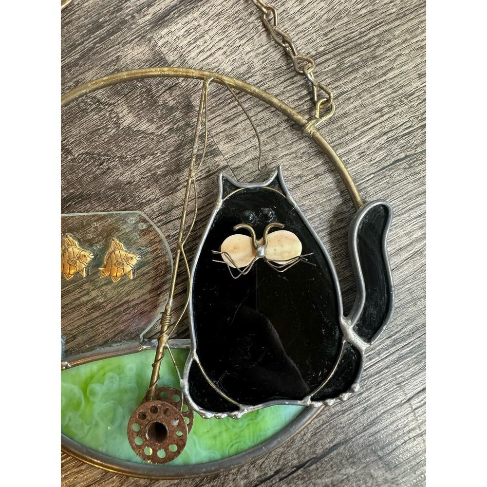 Primitive Black Cat Sun Catcher Stained Glass Window Fish Bowl Handmade 6 INCH - Picture 8 of 14